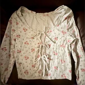 Aerie Floral Long Sleeve Tie Front Cardigan in Light Gray